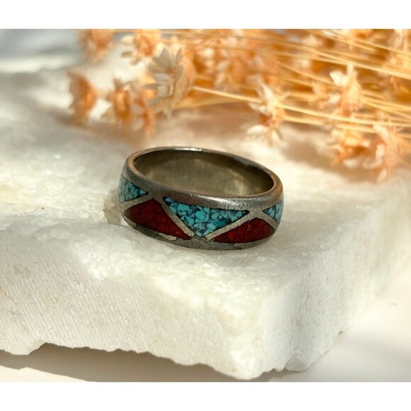 Vintage Turquoise & Red Stone Inlaid Geometric Navajo Style Band Ring - sz 9.25 - Picture 6 of 7